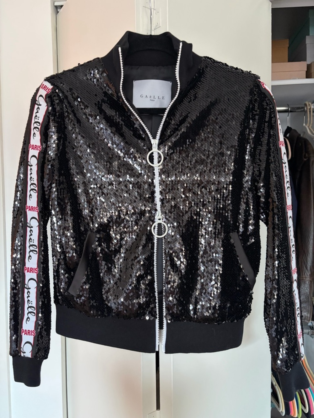 Elle Black Sequin Zip Bomber Jacket with Branded Sleeve Tape